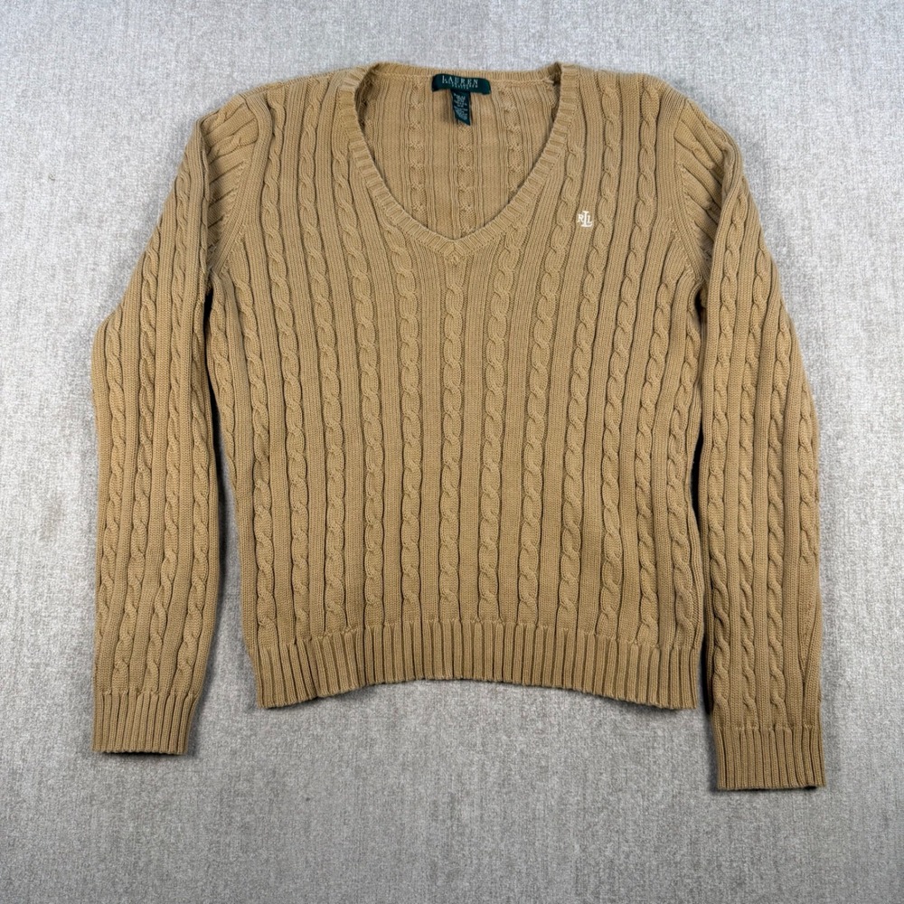 Lauren Ralph Lauren Sweater Women PM Tan Cable Knit V-Neck Cotton Long Sleeve